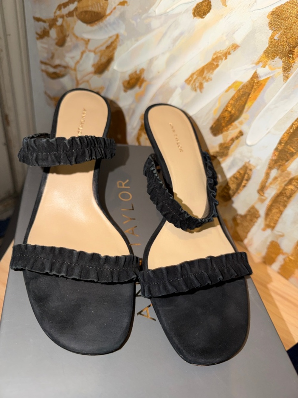 Ann Taylor Black Ruffle Double-Strap Mules